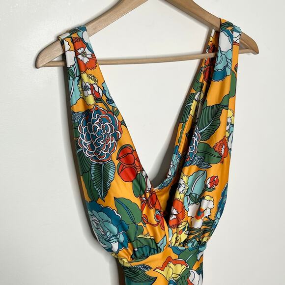 ModCloth Womens Lauren One Piece Swimsuit XL Yellow Floral Colorful Deep V Swim - Picture 5 of 9